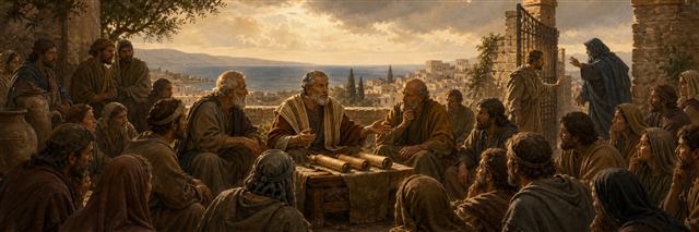 Elders calmly teaching an anxious gathering as a misleading herald is turned away at the city gate
